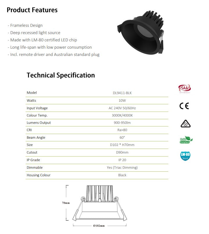 3A 10W LED COB Gimble Dimmable Downlight Recessed Black